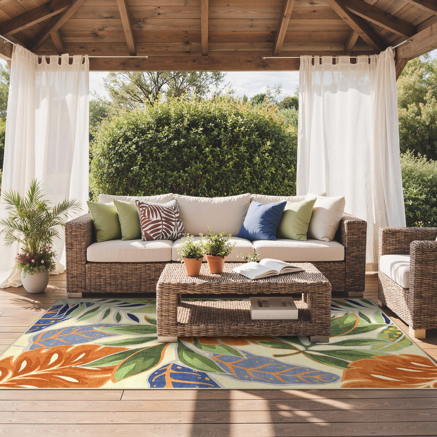 GENIMO Outdoor & Indoor Area Rug 5'x8', Waterproof, Non-Shedding, Easy Cleaning, Leaf Mat for Patio, Living Room, Balcony, Dining Room, RV, Deck, Bedroom, Camping, Outside Carpet, Rust Sage
