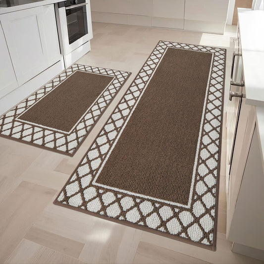 COSY HOMEER Washable Kitchen Rugs Sets of 2 Non-Slip Kitchen Mats,Browm
