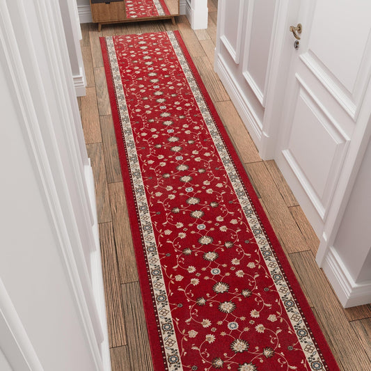 Ottomanson Aisle Runner Rug 1'10.5" x 20' – Soft Non-Slip Rug, Low Pile Carpet for Hallways, Events, Churches & Extra-Long Indoor Spaces, Mahal Red