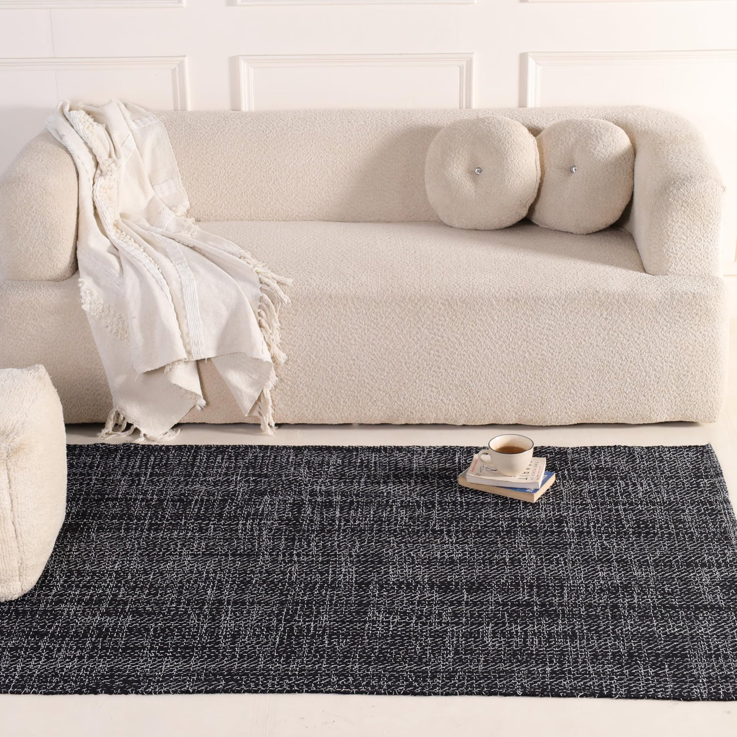 HOMEMONDE 4x6 ft Cotton Herringbone Area Rug - Abstract Accent Cotton Rug - Reversible Boho Lightweight for High Traffic Areas Kitchen, Mudroom, Entryway, Livingroom (Black)