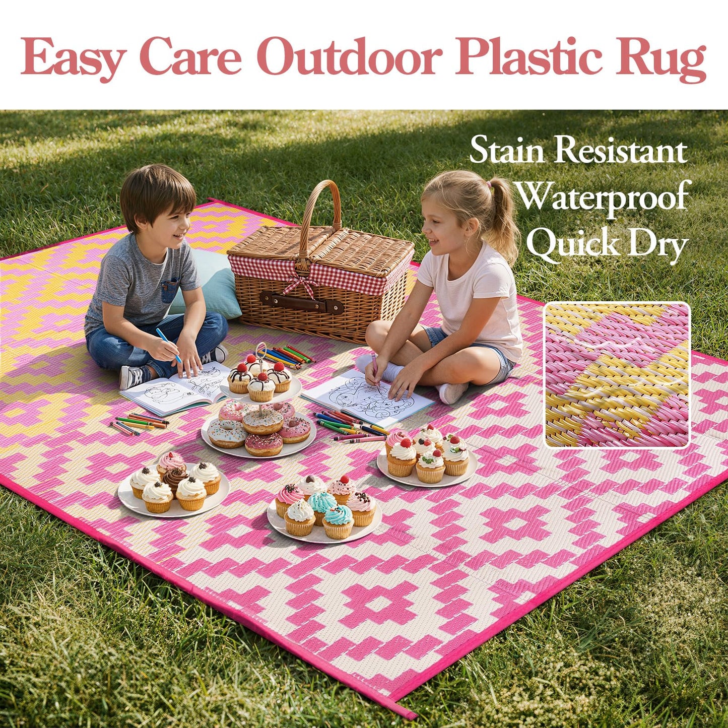 Wonnitar Outdoor Rugs 8x10 Waterproof Plastic Straw Rug, Large Outdoor Camping Rug for RV, Reversible Portable Outside Lightweight Area Rug for Backyard Balcony Beach Picnic, Orange/Pink