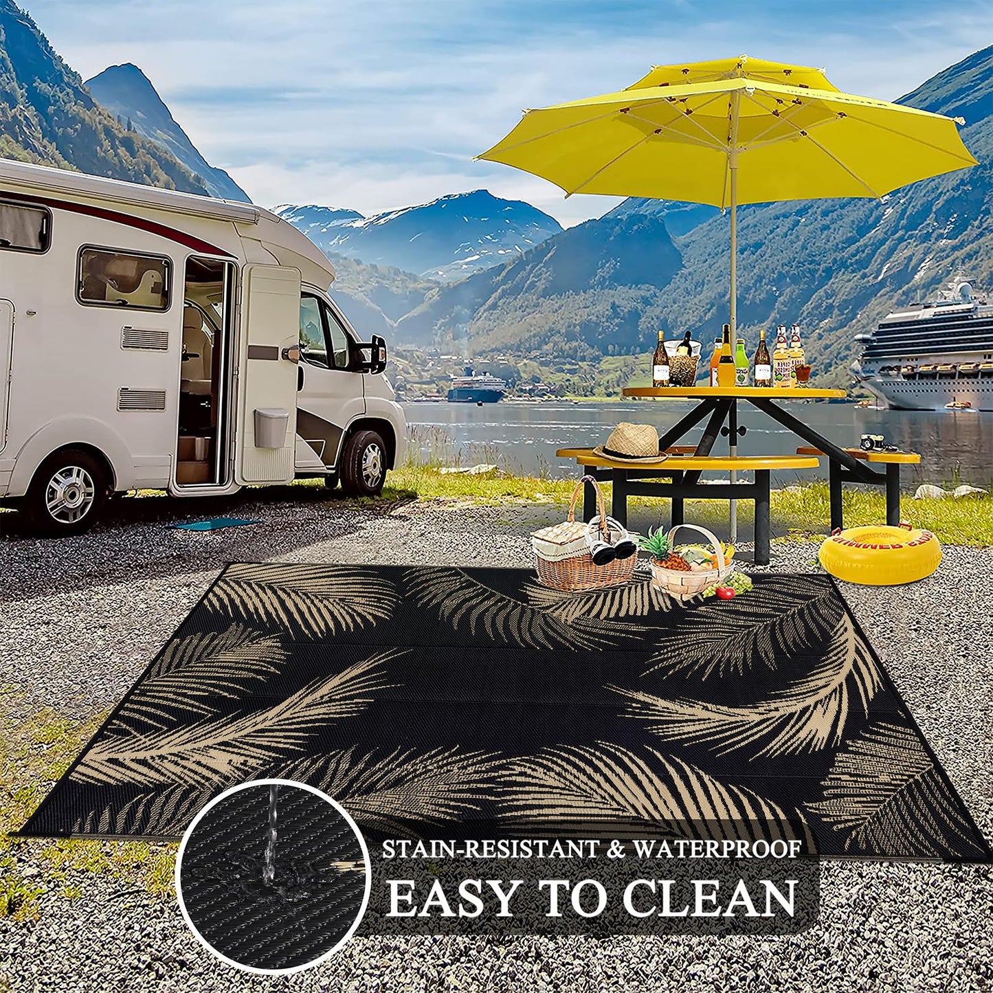 Pauwer Waterproof Outdoor Rug 6x9, Reversible Plastic Straw Patio Camping Rug, Indoor Outdoor RV Mat Carpet for Deck, Camper, Porch, Balcony, Backyard, Picnic, Leaf Black Brown
