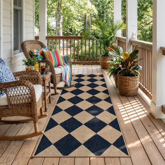 Lahome Checkered Easy Jute Non Slip Runner Rug, 2x6 Kitchen Runner Rug Washable Outdoor Rug for Entryway Indoor, Checkerboard Black Indoor Outdoor Carpet for Hallway 6ft Entry Front Door
