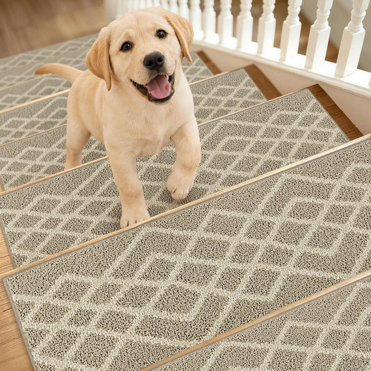 COSY HOMEER Soft Stair Treads 15pcs Non-Slip Carpet Mat 28inX9in Indoor Stair Runners for Wooden Steps,Stair Rugs for Kids and Dogs, 100% Polyester TPE Backing Beige,Rhombus
