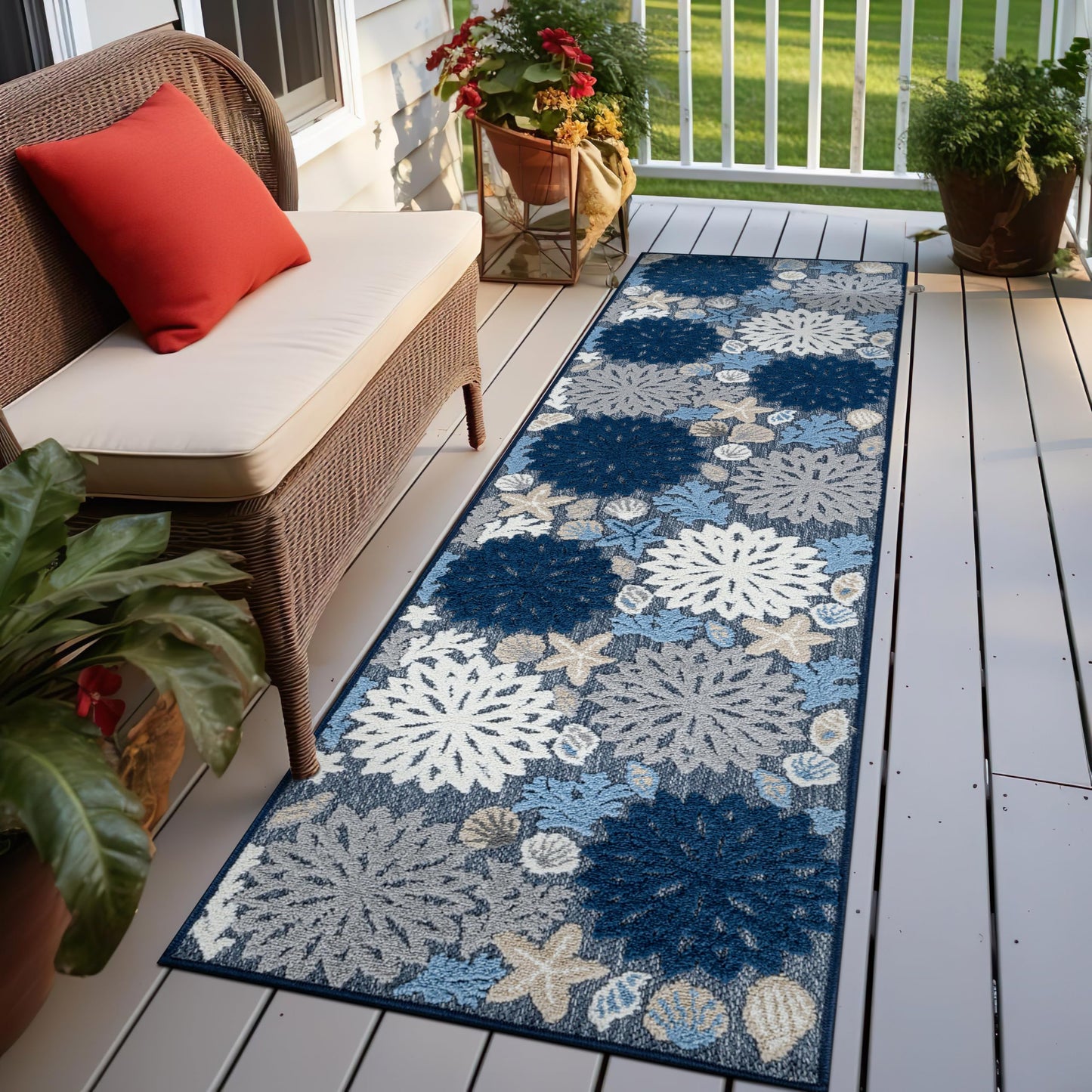 Rugshop Indoor/Outdoor High-Low Textured Runner Rug, Coastal Floral, Easy-Clean Patio Rug for Porch Deck Balcony 2' x 7' Navy