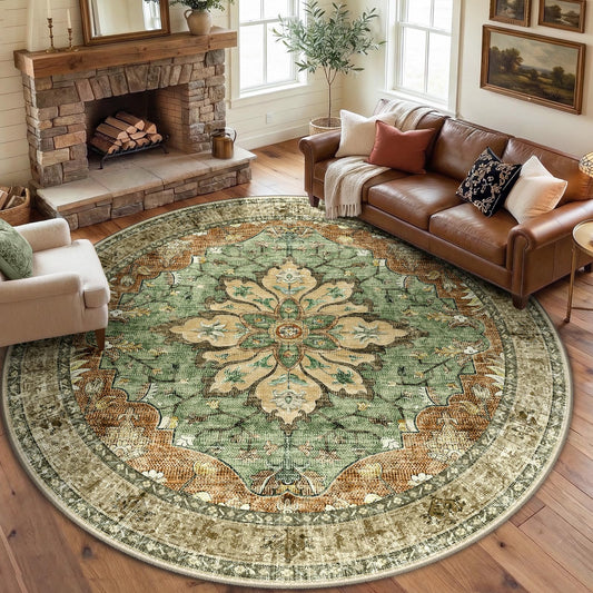 RELEANY Area Rugs Round 8ft Washable Non-Slip, Floral Vintage Distress Medallion Carpet for Living Room Bedroom Dining Room, Terracotta Burnt Orange Green