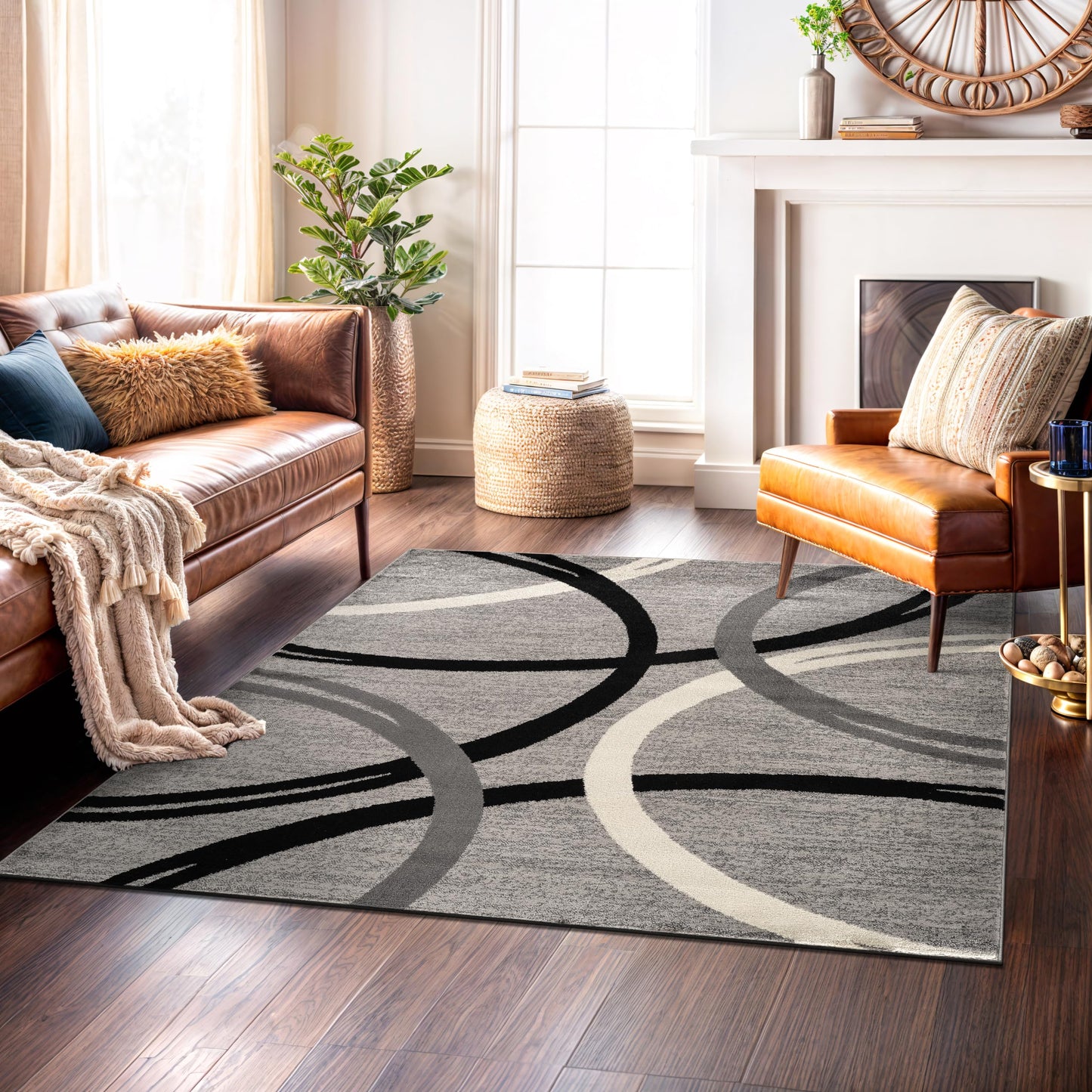 Rugshop Wavy Circles Design Square Rug, Non-Shedding Carpet for Living Room, Bedroom, or Dining Room, Gray, 6'6" x 6'6"