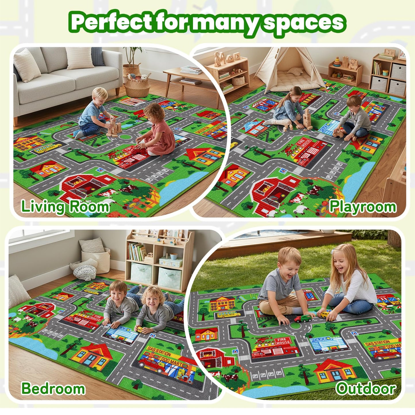 Kids Carpet Playmat Rug 59"x39.4", Car Rug for Kids Cars, Non-Slip Town City Road Map Kids Rugs for Playroom Bedroom Boys, Kids Cars Play Mat Track Road Rugs for Kid(59X39.4Inch,Green)