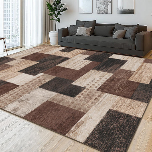 QDUIDU Modern Geometric Patchwork Indoor Area Rug for Living Room, Chocolate 4'x 6' Large Rug Rockwood Collection Hardwood Floors Decor for Bedroom, Brown Throw Carpet for Office Entryway Dining Room