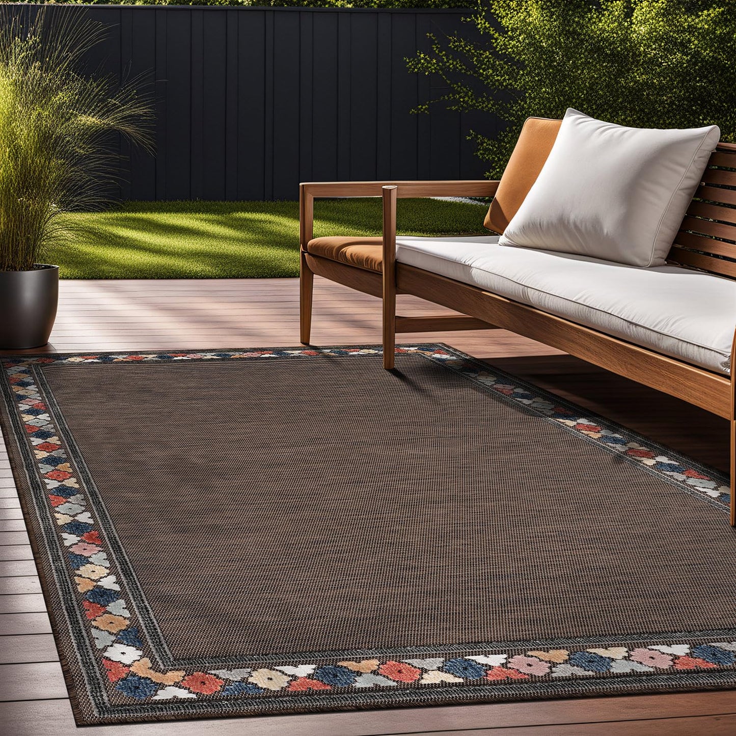 Beverly Rug Outdoor Rug 10x14 Modern Bordered Large Area Rugs for Indoor and Outdoor Patio Easy to Clean Non Shedding Living Room Porch Garden Washable Outside Carpet (10 x 14 Brown)