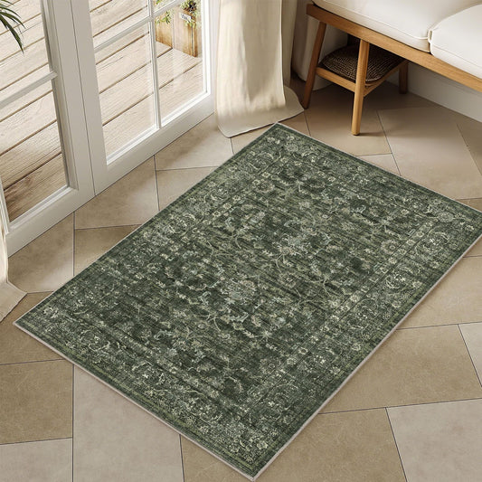 Washable Area Rug 2x3 Green Rugs for Living Room, Vintage Boho Rug for Bedroom Dining Room Office, Distressed Floral Print Carpet for Under Table, Soft Non Slip Low Pile Throw Carpet Indoor Mat