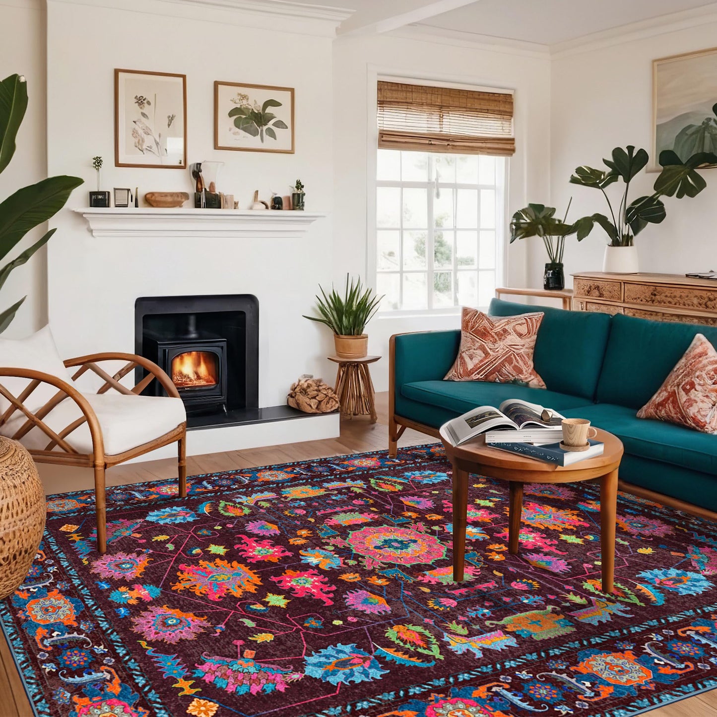 Kokia 9x12 Area Rug, Burgundy/Fuchsia/Orange Soda, Rectangular, Low Pile, Machine Made, Floral, Non-Slip, Washable, Stain-Resistant, Indoor, Home/Area Rugs