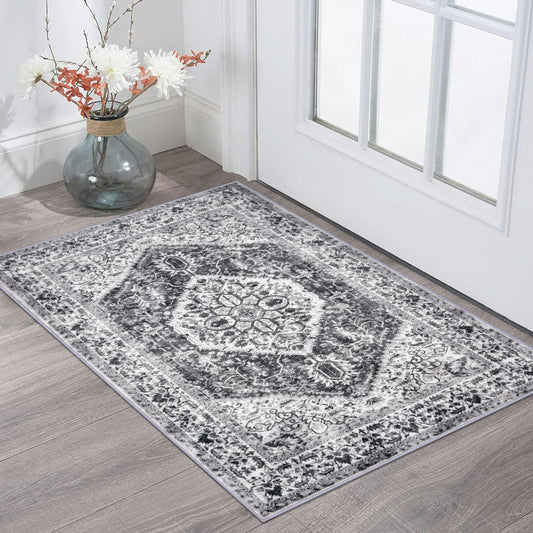 KOZYFLY Small Area Rug 2x3 Ft Rugs for Entryway Washable Entry Rug Non Slip Door Mat Indoor Entrance Printed Faux Wool Vintage Kitchen Rug Throw Rugs for Entrance Kitchen, Grey