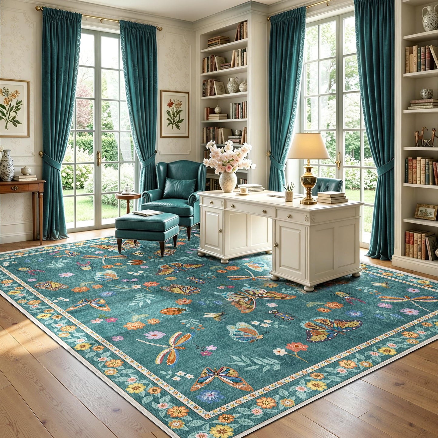 AIMPEAK Insect Washable Rugs 8x10 Teal, Soft Butterfly 8x10 Area Rugs for Living Room Indoor, Non Slip Bug Bedroom Rug Under Bed Thin Large Carpet with Flowers for Dining Room Office Playroom