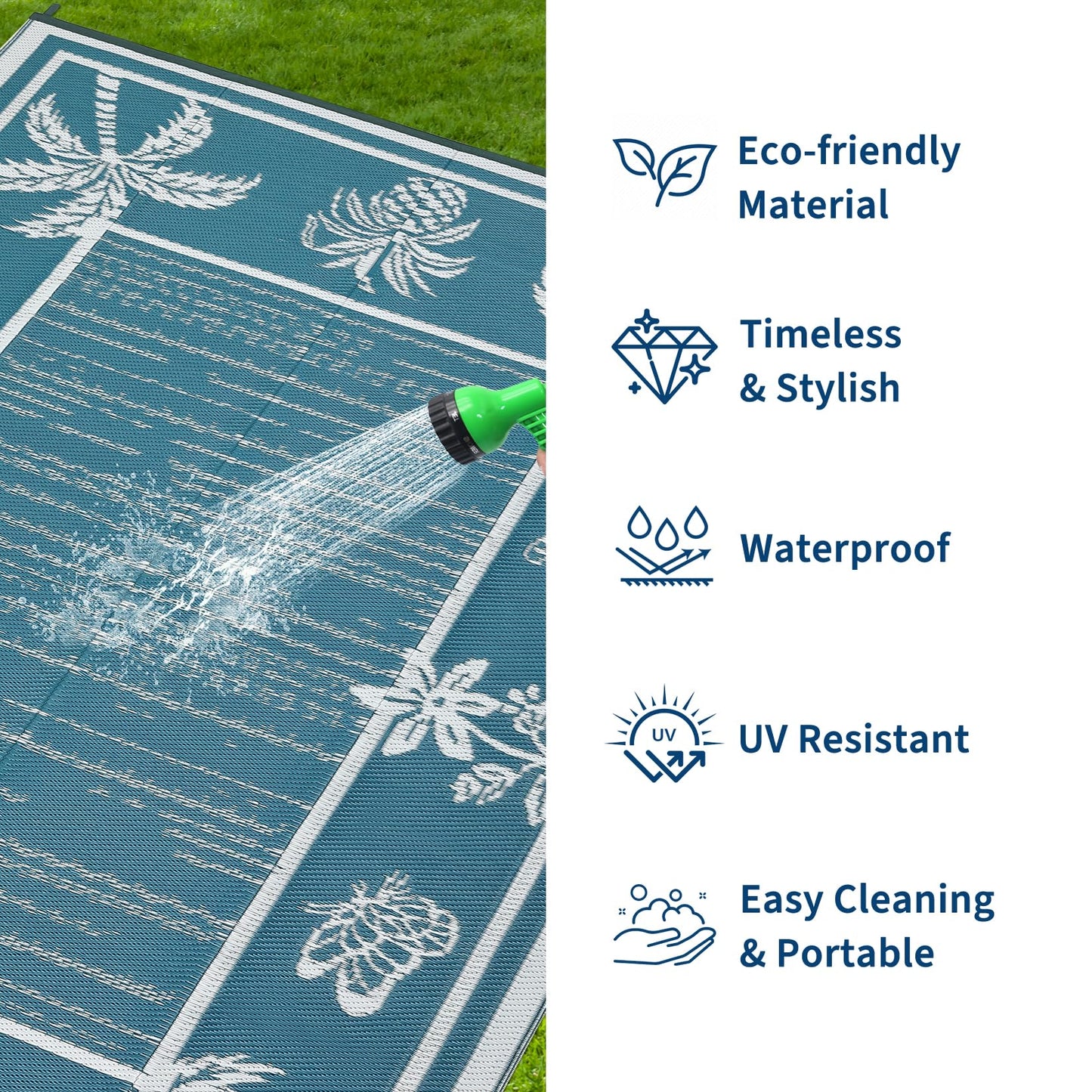 Garvee Outdoor Rug 5x8 Waterproof for Patios, Reversible Plastic Straw Rug, Tropical Leaf Indoor Outdoor Rugs, Large Area Rug for RV, Camping, Deck, Picnic Mat, Outside Carpet, Blue & White