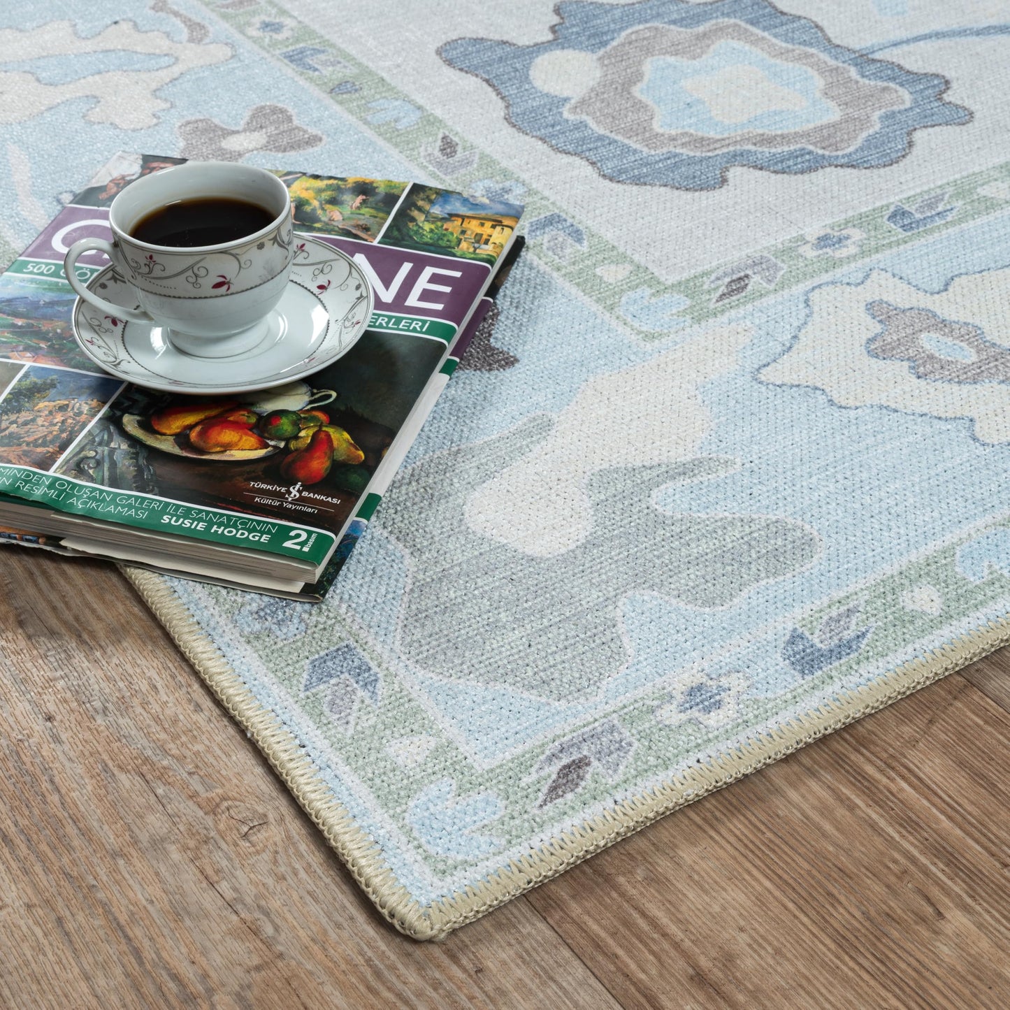 Fame Living Cream Blue Oushak Rug, Modern, Vintage, Turkish, Eclectic, Floral, Pastel, Washable, Large Area Rugs for Living Room, Dining, Bedroom, Girls, Boys, 7'5"x9'8"