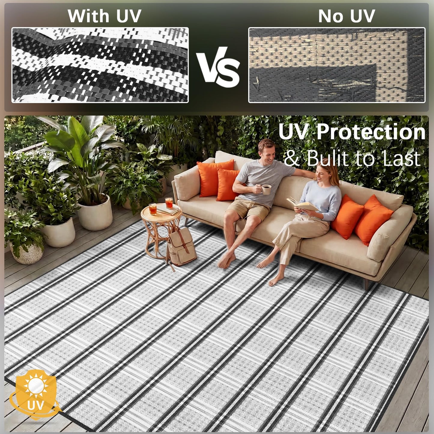 KANAGAWA Outdoor Rug Waterproof, 8x10 ft Reversible Plastic Straw Braid Rug Outdoor Carpet RV Mat for Patio, Porch, Picnic, Balcony, Deck, Backyard, Grey & White