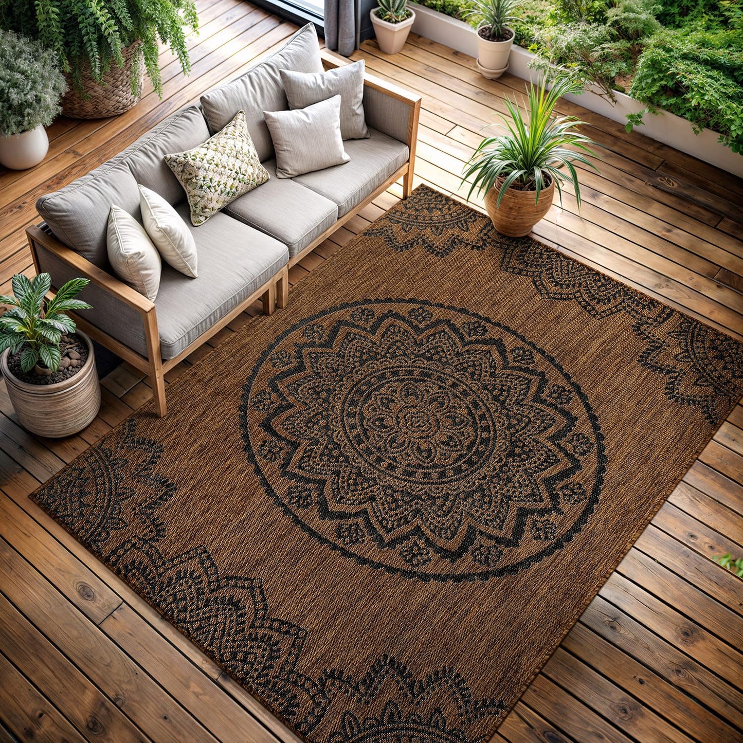 CAMILSON Outdoor Rug 5x7 Modern Area Rugs for Indoor and Outdoor Patios and Porches - Waterproof Washable Non-Shedding Easy-to-Clean Outside Carpet (5 x 7 Medallion - Gold/Black)