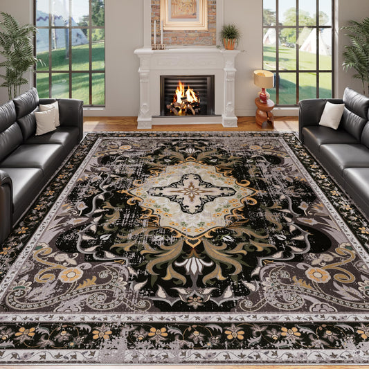RUSHUFFY 8x10 Washable Area Rugs for Living Room, Non-Slip Large Boho Vintage Retro Print Pattern Carpet for Bedroom Dorm Dining Room Farmhouse Nursery Home Office, Black & Gold