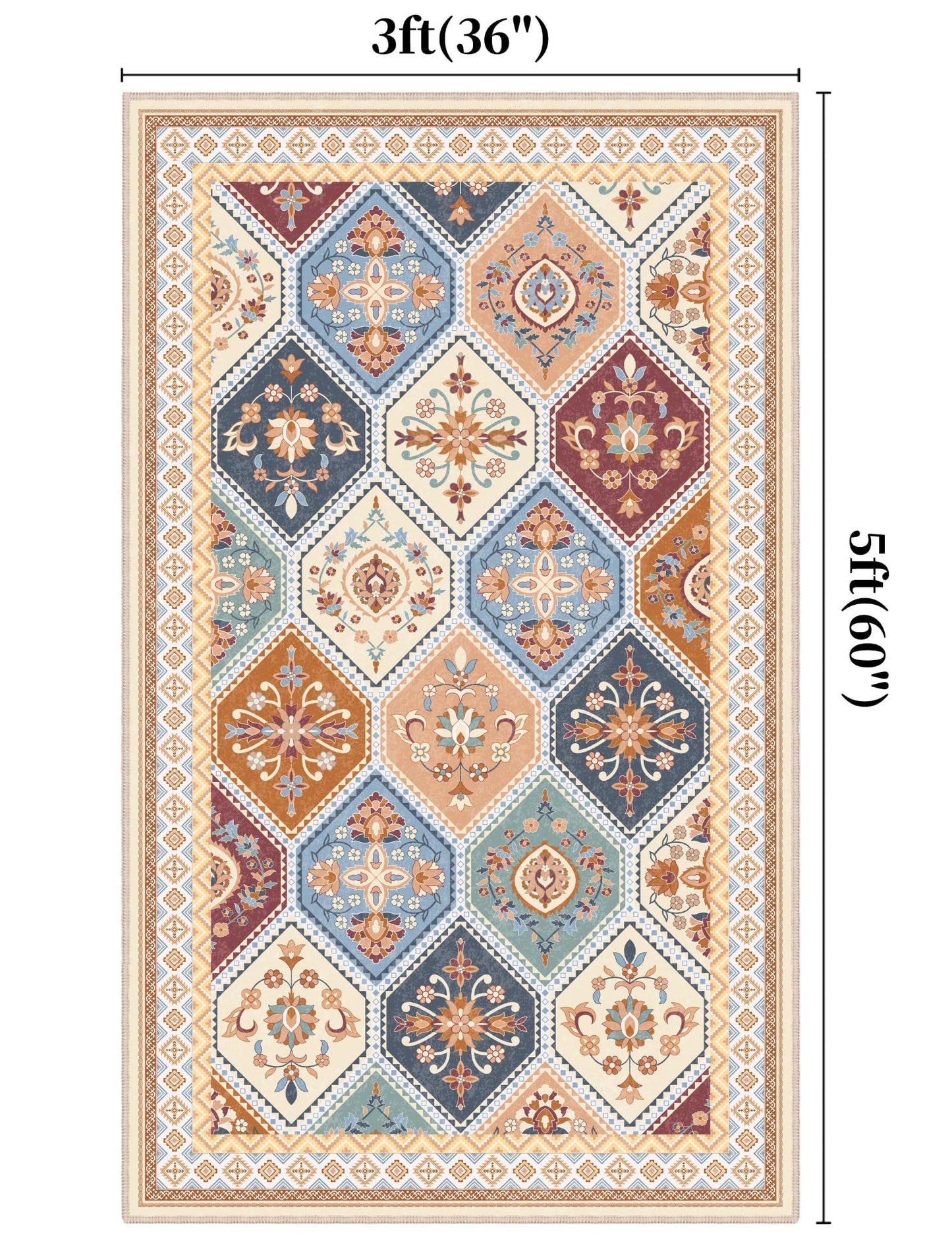 TTelephant 3x5 Washable Rug, Soft Non-Slip Boho Moroccan Rug, Low-Pile Printed Indoor Throw Rugs for Entryway, Kitchen, Bedroom Bedside, Entrance- Multi