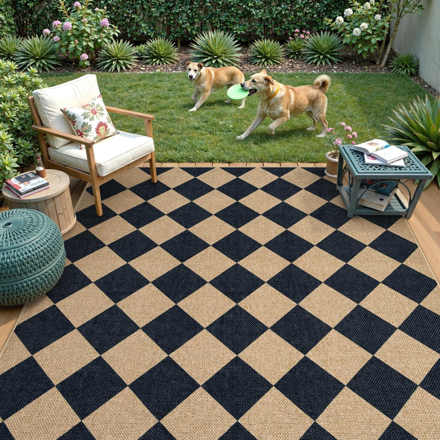 Lahome Checkered Easy Jute 5x7 Area Rugs, Washable Outdoor Patio Rug for Living Room Diamond Indoor Outdoor Carpet, Farmhouse Geometric Non Slip Black Carpet for Backyard Dining Room