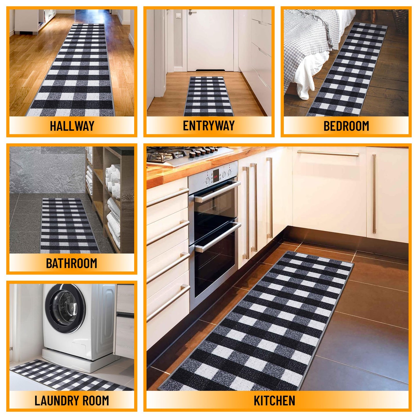 Ottomanson 20" x 53" Kitchen Runner Rug – Non Slip Stain Resistant Low Pile Kitchen Floor Mat for Sink, Laundry Room, Hallway & Bathroom, Checkered Black/White
