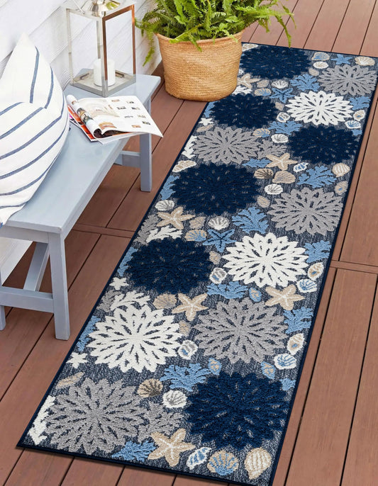 Rugshop Indoor/Outdoor High-Low Textured Runner Rug, Coastal Floral, Easy-Clean Patio Rug for Porch Deck Balcony 2' x 7' Navy