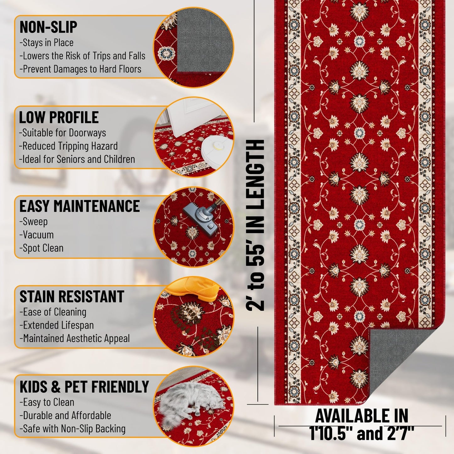 Ottomanson Aisle Runner Rug 1'10.5" x 20' – Soft Non-Slip Rug, Low Pile Carpet for Hallways, Events, Churches & Extra-Long Indoor Spaces, Mahal Red