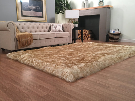 LAMBZY Sheepskin Style Square Rug, Ultra Soft, White/Brown Tips, 2'6"x6’