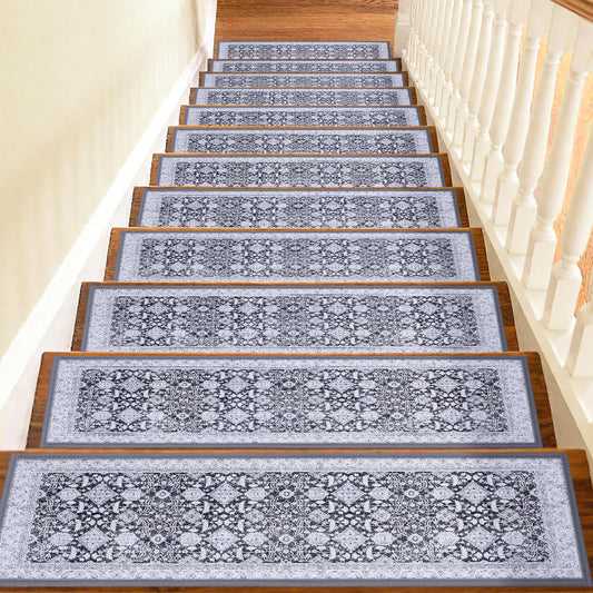 Non Slip Stair Treads for Wooden Steps Indoor, Grey, 15pcs, 30"X8", Soft Carpet Mat, Machine Washable Boho Carpet Treads with Reusable Adhesive Backing, Safety Stair Tread for Dogs, Kids, Elders