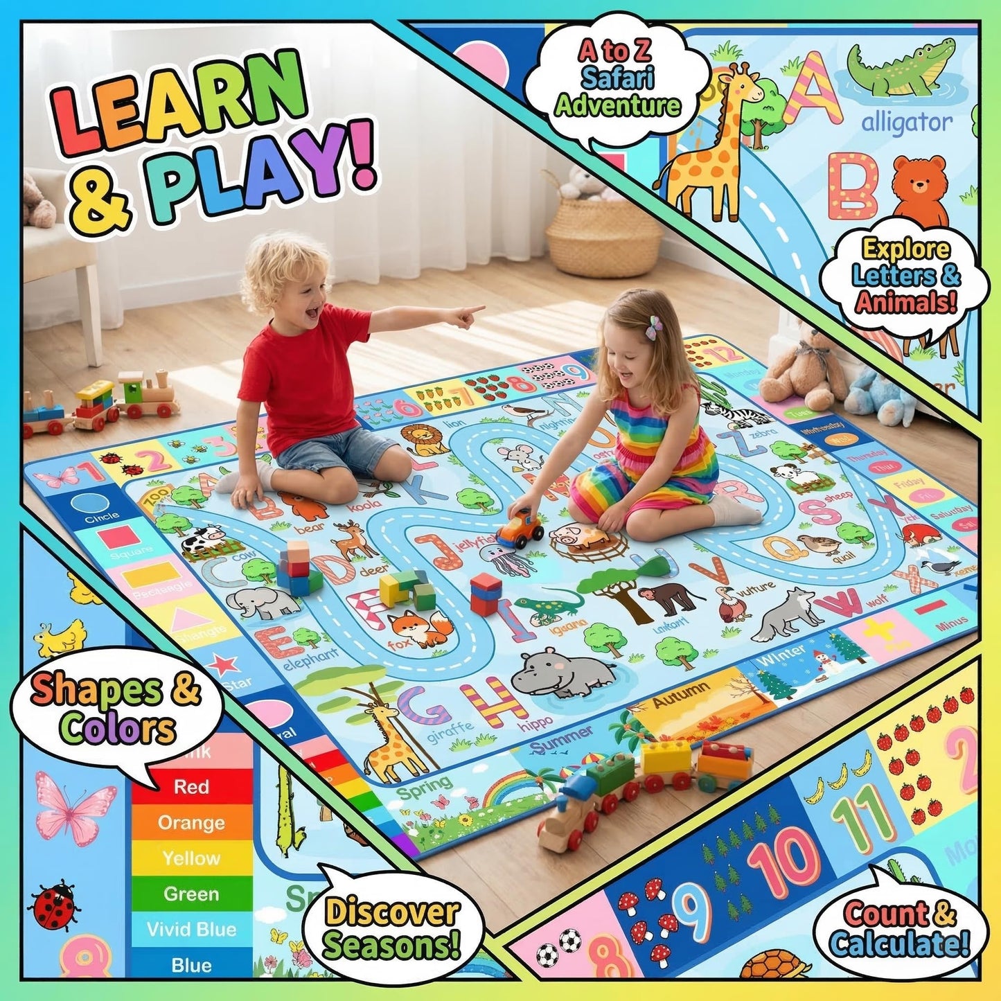 HBUFBUQ 4.5x6 Feet Kids Rugs for Playroom Bedroom, Educational ABC Alphabet Area Rug with Animals Numbers Seasons, Washable Play Mat for Classroom Nursery, Boys Girls Non Slip Learning Carpet