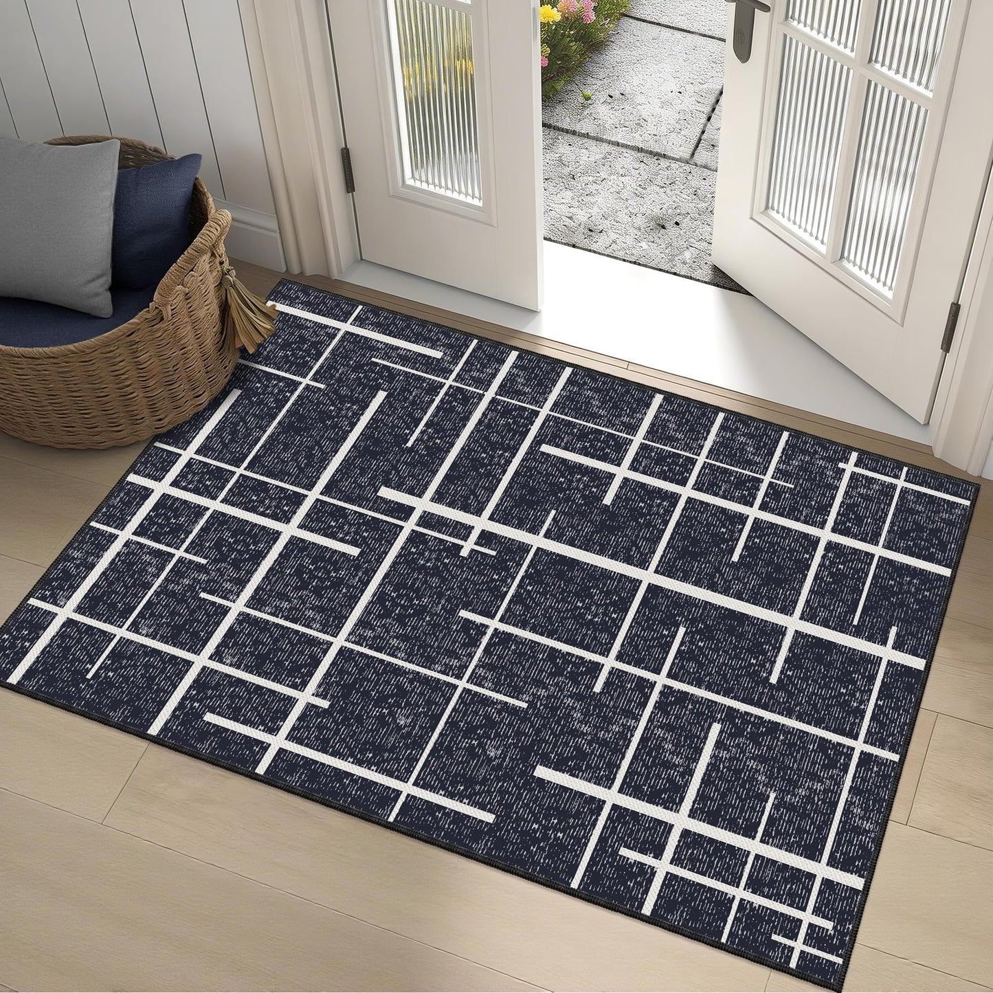 TTelephant 3x5 Washable Rug, Modern Distressed Stripe, Small Area Rug Non Slip, Woven Thin No Shed Office Chair Friendly Runners for Entryway, Kitchen, Home Office, Studio - Midnight Black