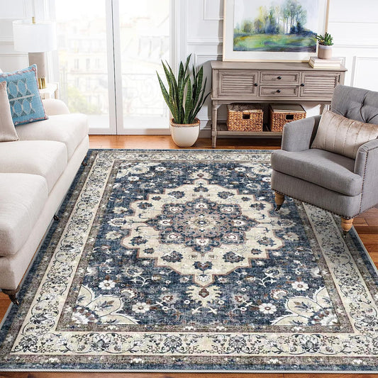 Washable 5x7 Living Room Rug: Waterproof Stain Resistant Medallion Soft Bedroom Rugs Distressed Design Non Shedding Carpet for Floor Coverings (5x7 Blue)