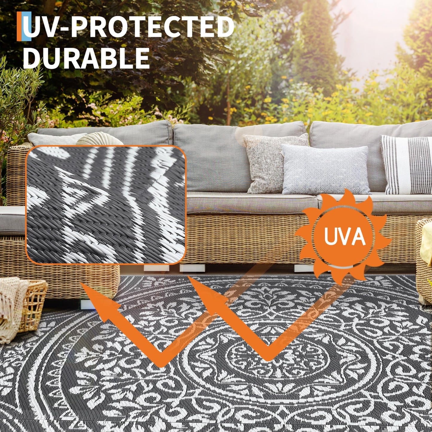GarveeHome Large Waterproof Outdoor Rug 9x18 Reversible Floral Plastic Straw Rug, Durable UV Resistant Outdoor Carpet, Portable RV Camper Picnic Mat with Stakes & Carry Bag for Yard Poolside, Grey