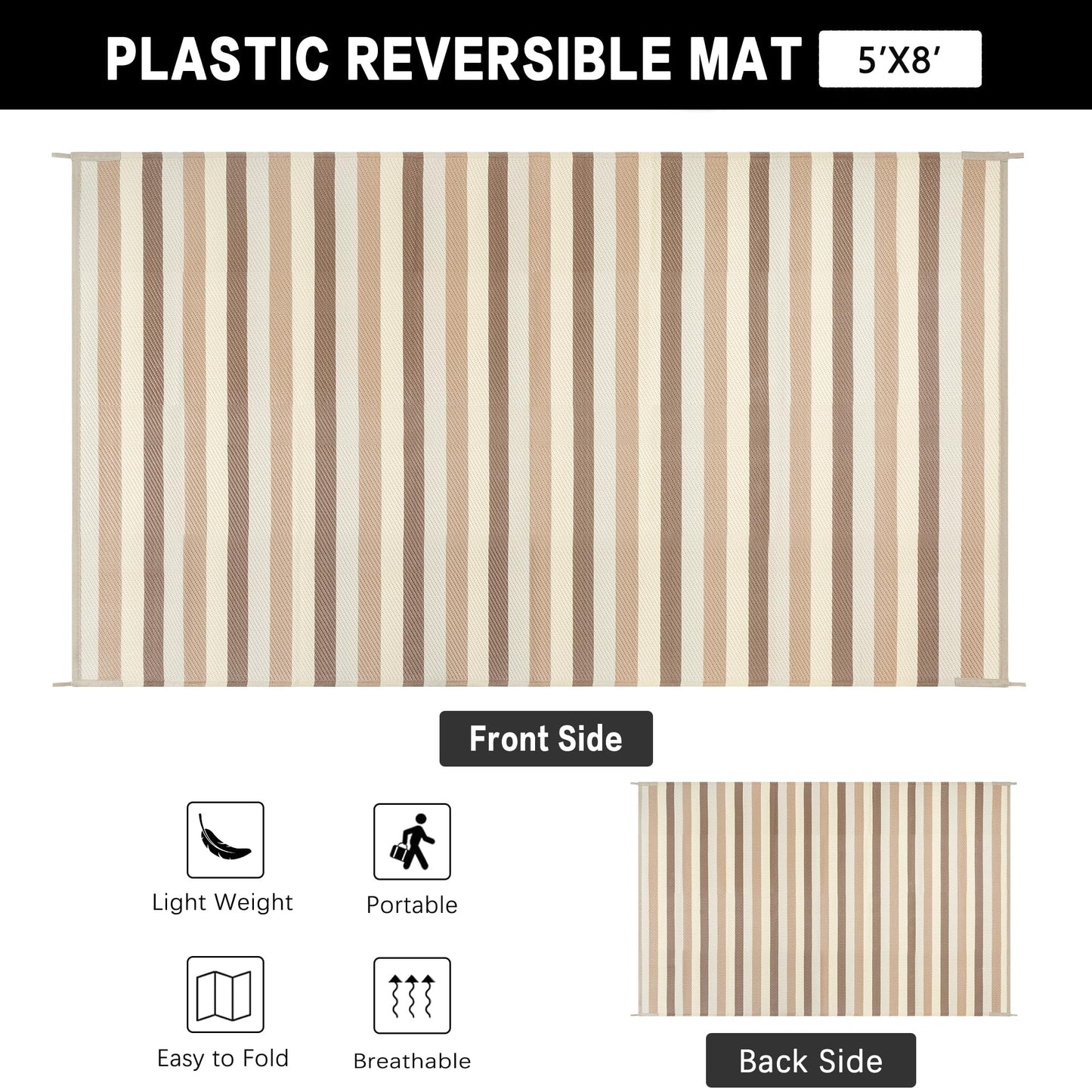 PureCozy Outdoor Waterproof Patio Rug 5x8 Plastic Straw Reversible Outside Beige Striped Carpet Lightweight Large Rug for Camping RV Porch Deck Balcony Beach