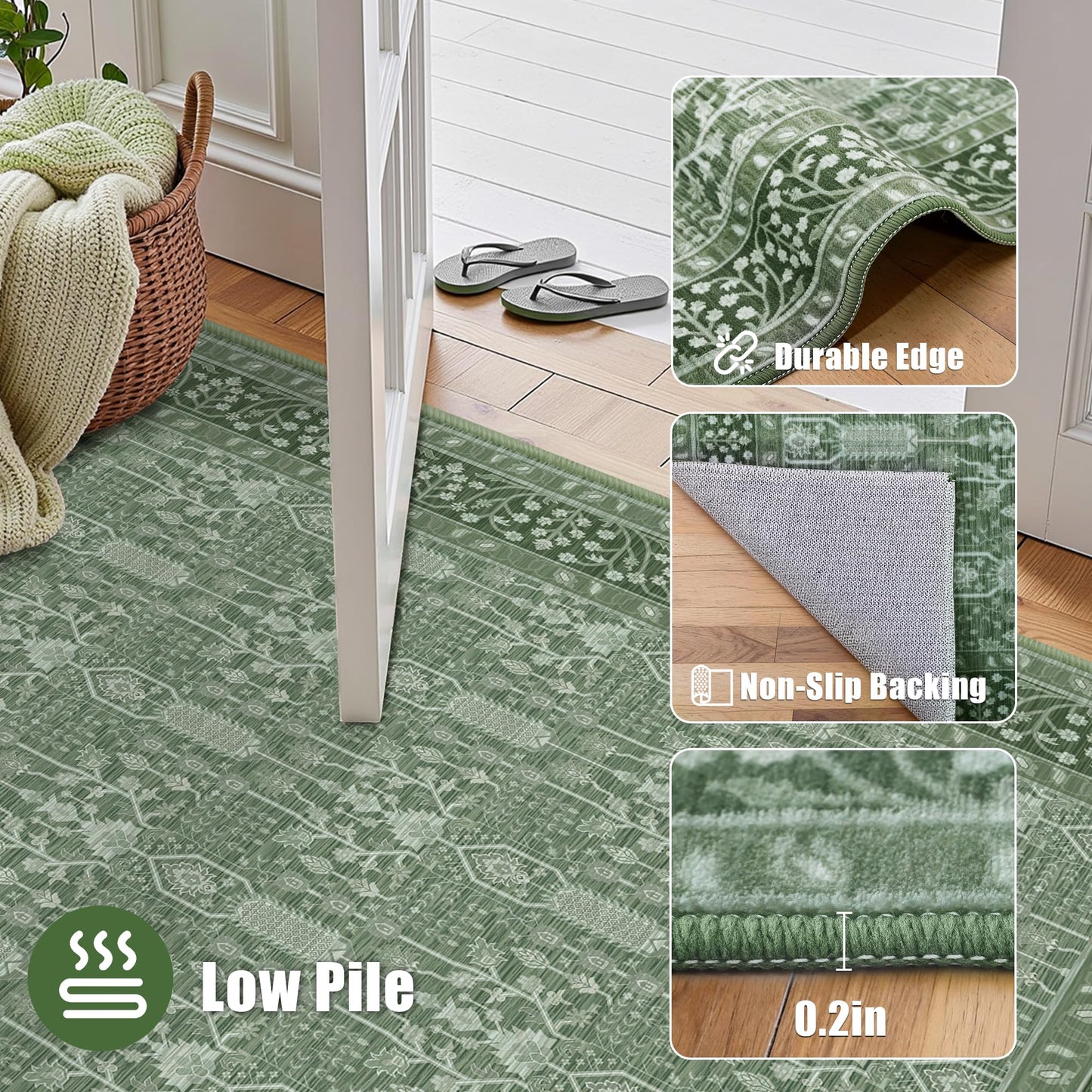 Deerly 5x7 Thin Area Rugs Living Room, Low Pile Soft Rugs with Non-Slip Backing Machine Washable Vinatge Boho Carpet for Bedroom Playroom Nurseryroom, Kid & Pet Friendly Print Floor Green Rug 5x7ft