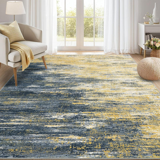 ROYHOME Modern Abstract Living Room Rug 8x10, Washable Area Rugs for Bedroom, Stain Resistant Non Slip Large Rug, Soft Indoor Carpet for Dining Room Table Home Decor, Yellow/Black