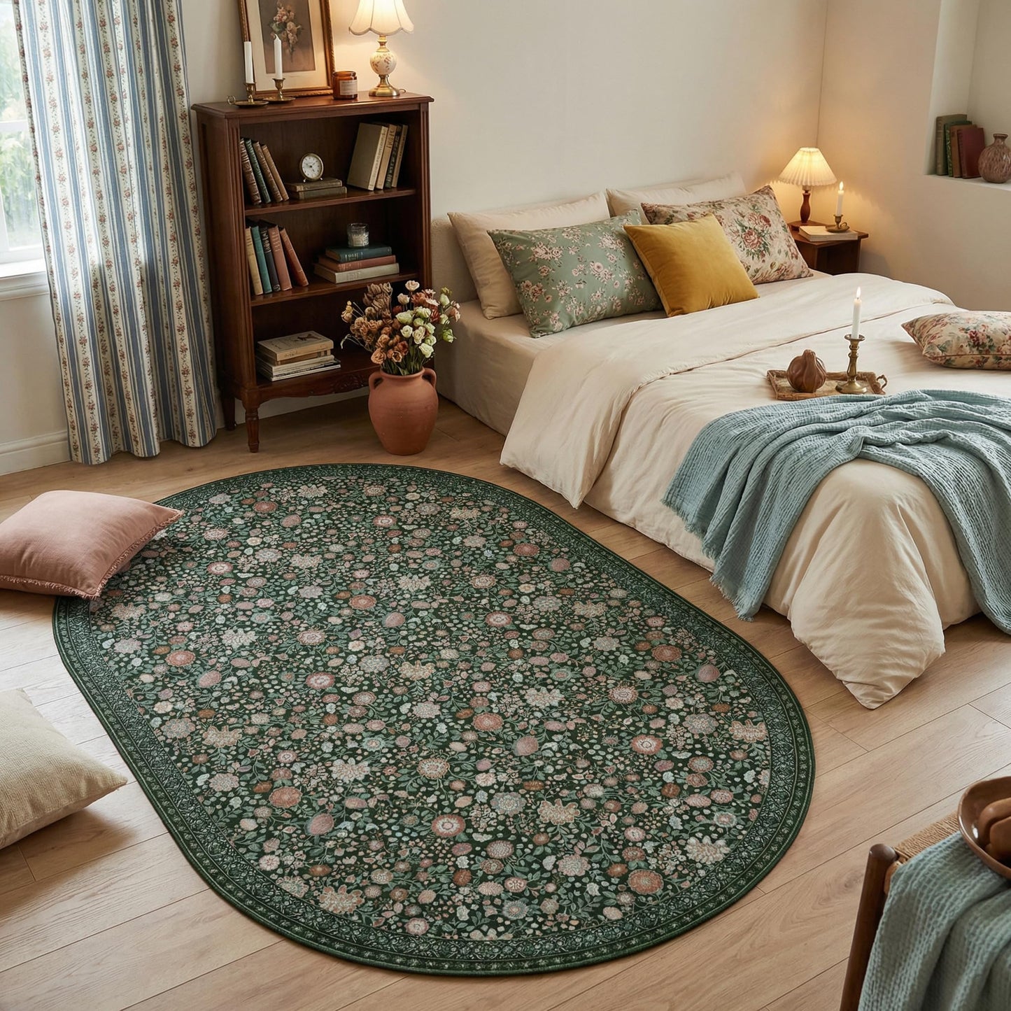 Clemile Floral Oval Rug 4x6 - Washable Ultra-Thin Living Room Rug Non-Slip Carpets - Soft & Stain Resistant Rug for Kitchen Bedroom Dining Room Indoor Nursery Dark Green