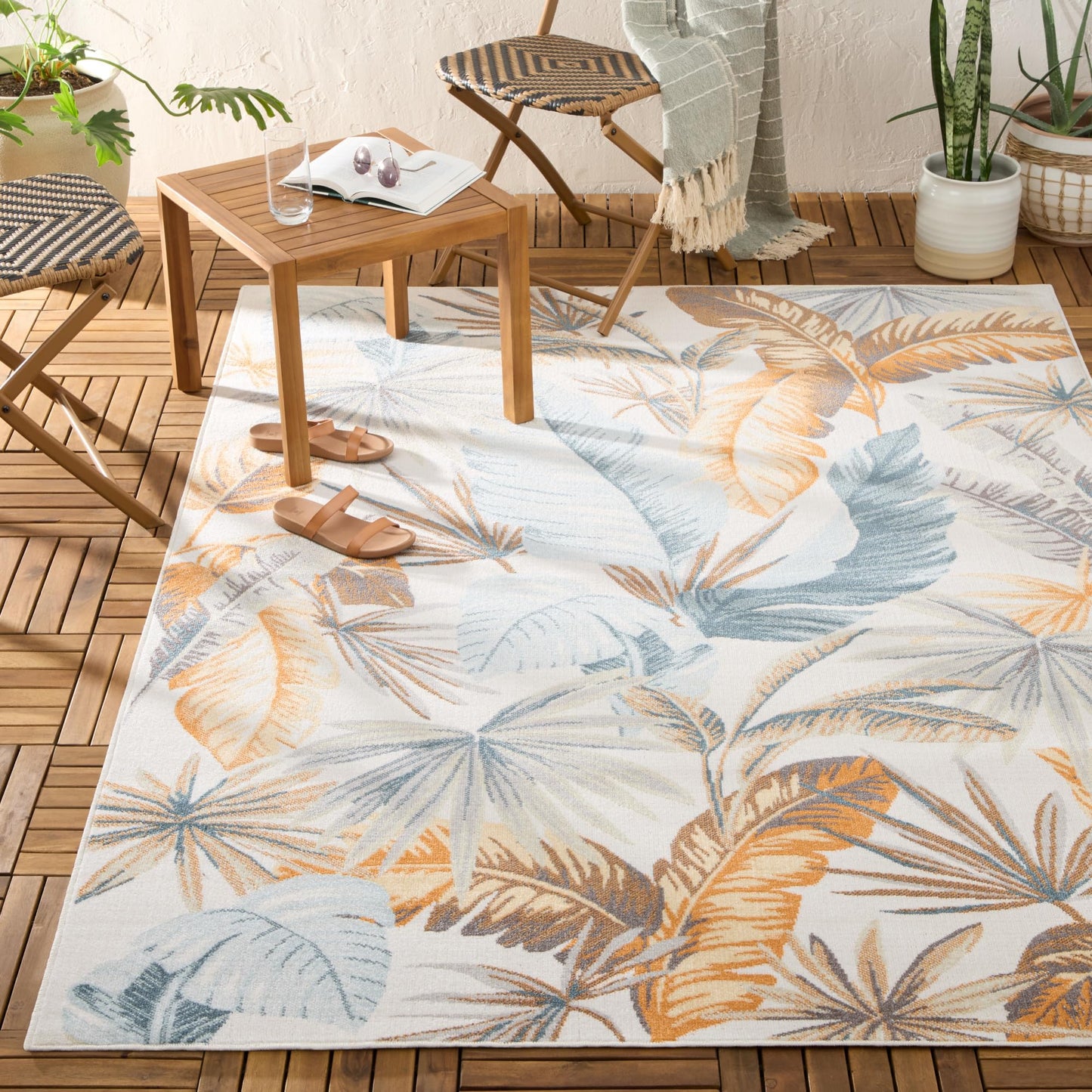 Tommy Bahama Abaco Tropical Foliage Indoor Outdoor Area Rug, Leaf Coastal Design, UV Fade Resistant, Ivory, 3'11"x5'2"