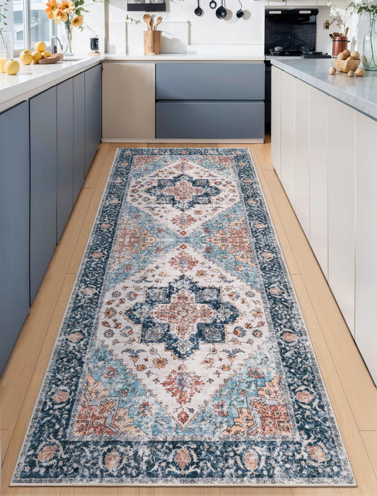 SERISSA Boho Washable Runner Rug, 2x6 Rug Non-Slip Vintage Blue Orange Hallway Kitchen Runner Rug Ultra Soft Print Distressed Tribal Floor Carpet for Bedroom Bathroom Laundry Room
