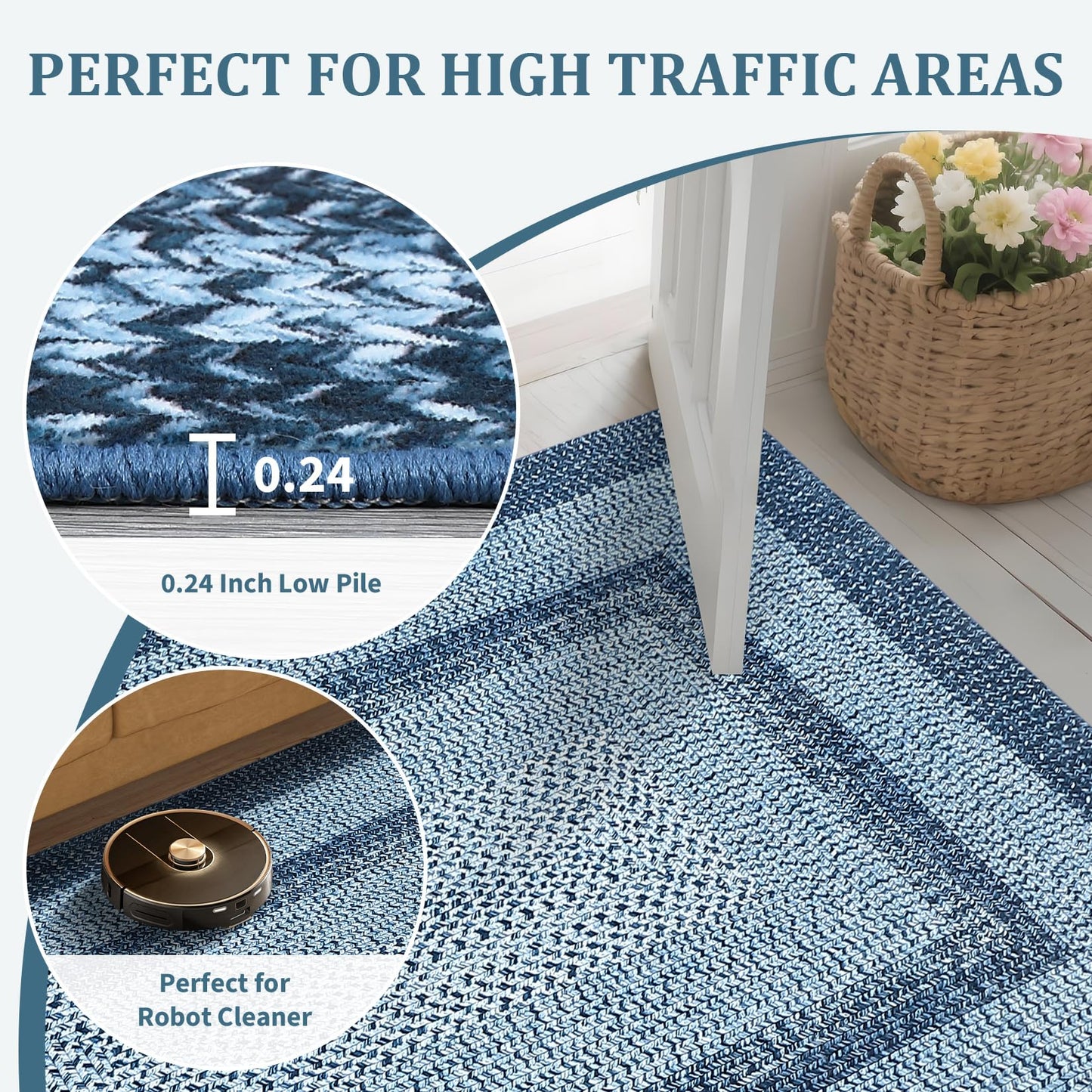 COZYLOOM 5x7 ft Area Rugs for Living Room Space, High Density Plush Carpet, Machine Washable and Non-Slip Polyester Rug, Easy Care Gabbin Weave Design(Grey Blue)