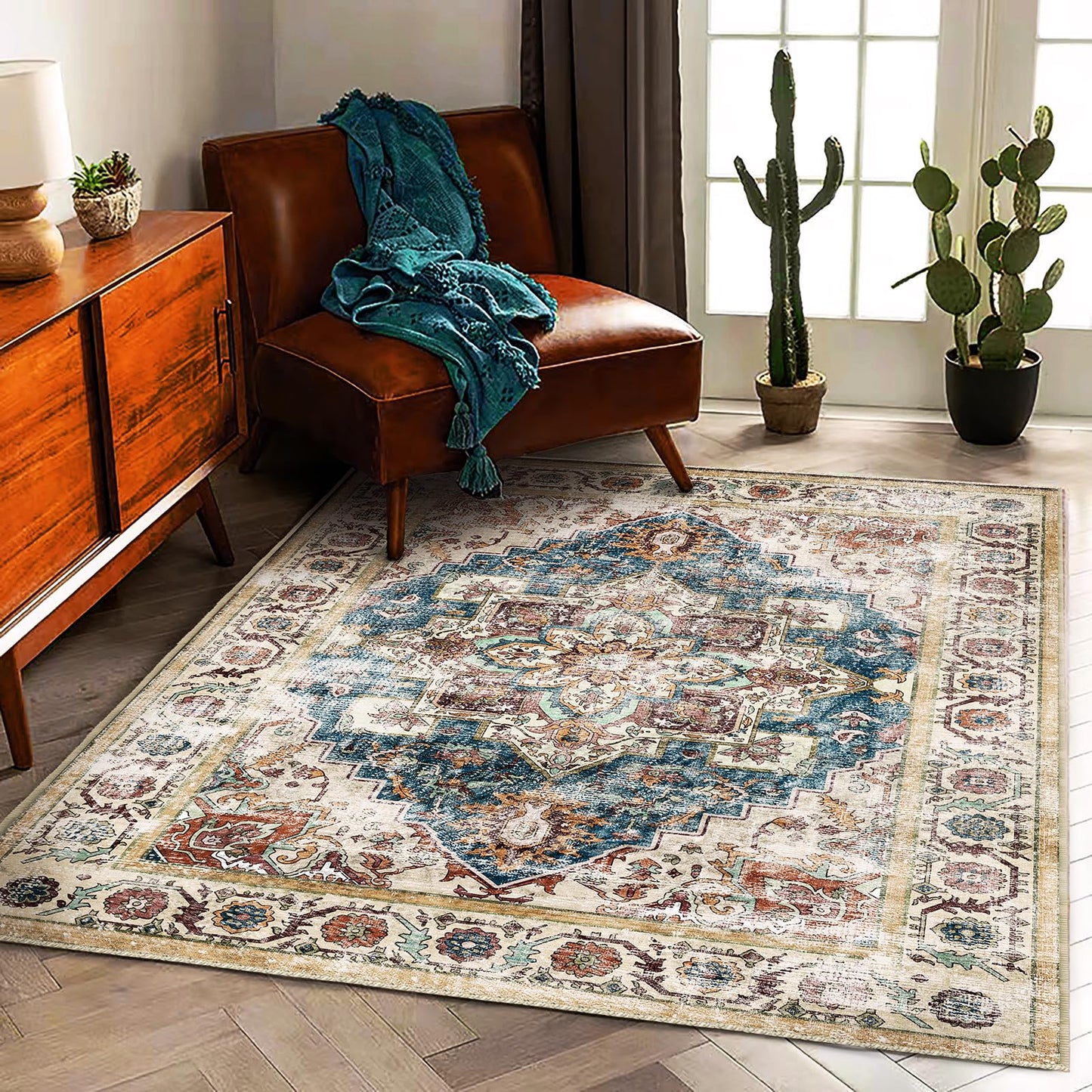 CHAMPLANT Washable Vintage Area Rug 6'x9' Boho Beige Blue Chic Medallion Distressed Design Non-Shedding Easy Care Ideal for High Traffic Areas in Living Room Bedroom Kitchen Office Large Carpet