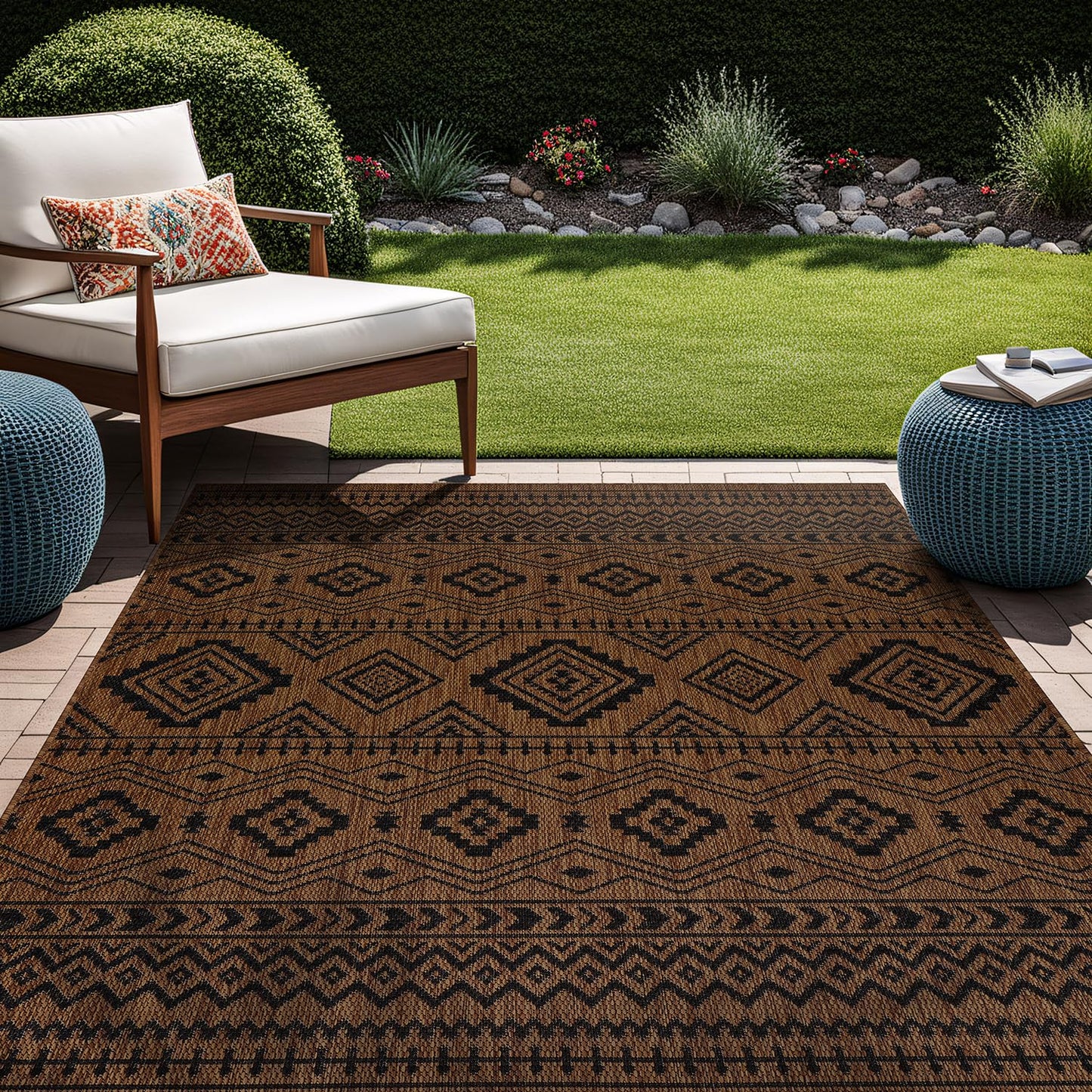 Beverly Rug Waikiki Boho Indoor Outdoor Rug 5x7, Washable Outside Carpet for Patio, Deck, Porch, Bohemian Area Rug, Farmhouse Rugs, Aztec Tribal Rug, Nut Brown and Black
