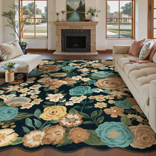 PureCozy Washable Floral Area Rug 6x9 Black Living Room Large Carpet Bedroom Scalloped Flower Non Slip Soft Throw Rug Farmhouse Low Pile Thin Indoor Floor Cover for Dining Room Office