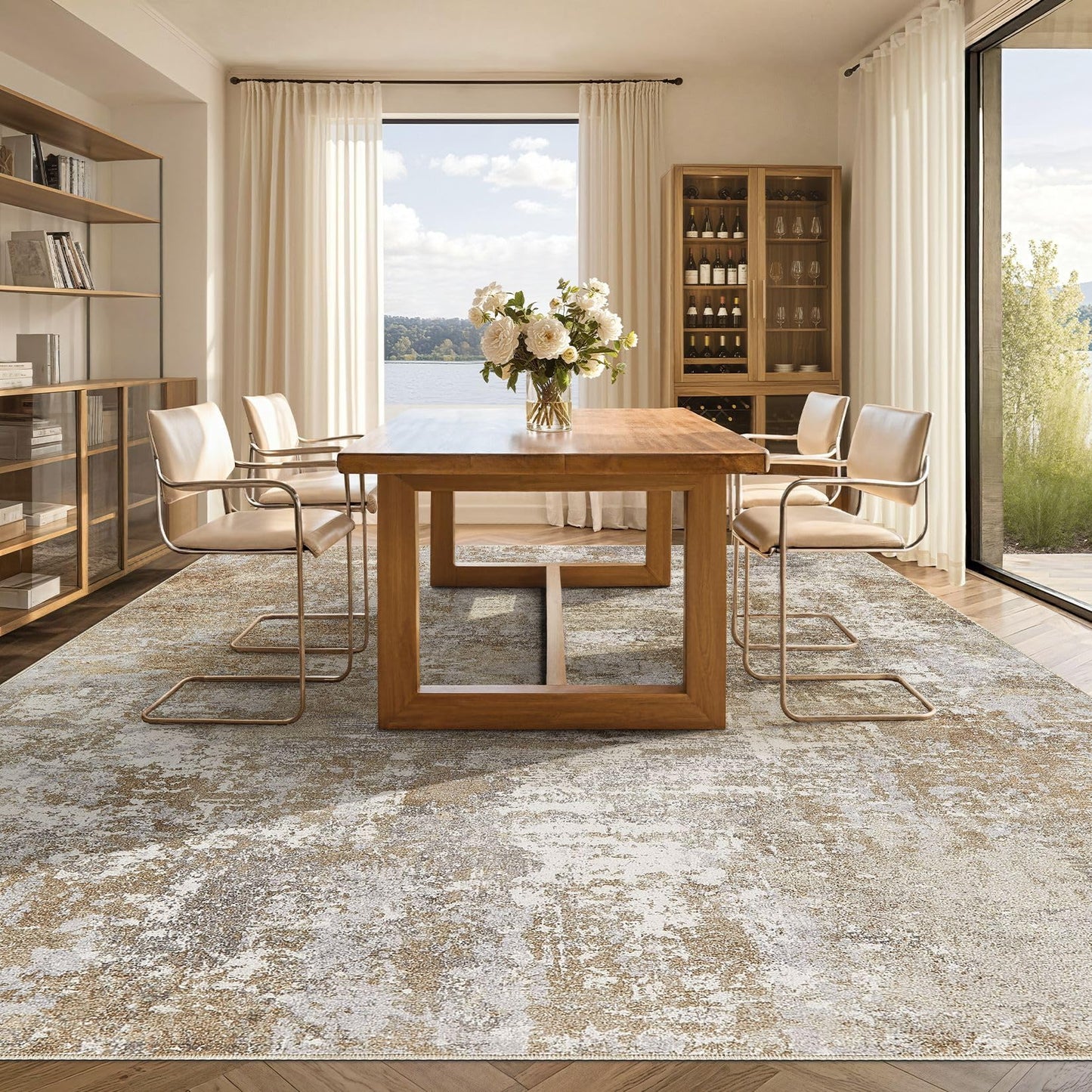 Tortania Washable 9x12 Area Rug for Living Room: Modern Abstract Neutral Large Soft Thin Rugs - Non Slip Indoor Carpet for Bedroom Dining Room Office Nursery Home Floor Decoration - Brown Grey