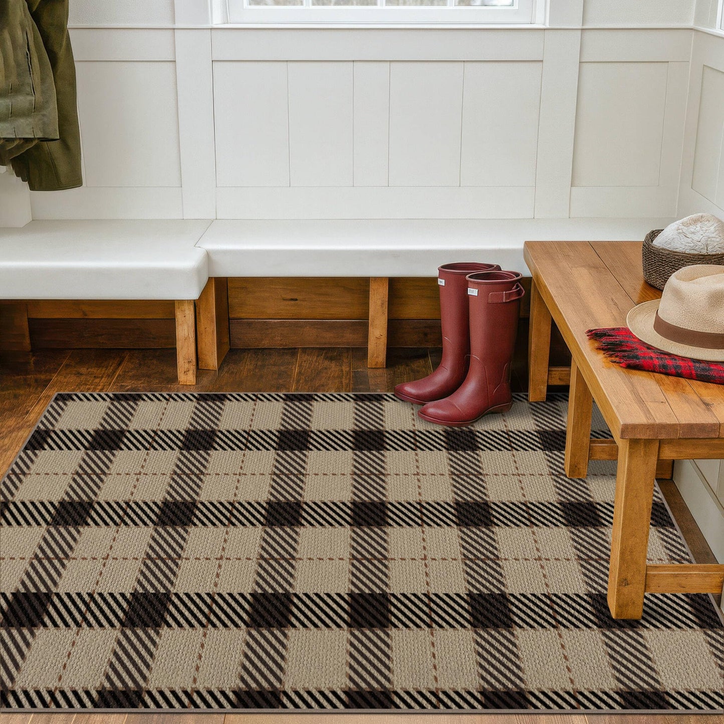 JTJ Outdoor Rug 3x5 for Front Porch, Washable Easy Jute Indoor Outdoor Rug, Non Slip Entryway Area Rug for Patio, Kitchen, Balcony, Farmhouse Black & Tan Plaid Rug