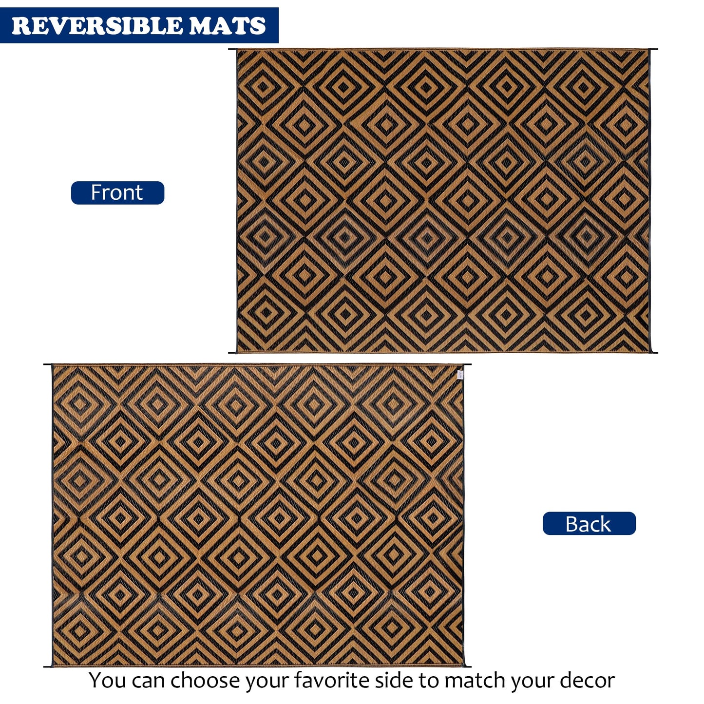 Ridota Reversible Mats, Outdoor Patio Rugs, Plastic Straw Rug, Modern Area Rug, Floor Mat for Outdoors, RV, Patio, Backyard, Deck, Picnic, Beach, Trailer, Camping (Diamond Black & Brown, 9' x 12')