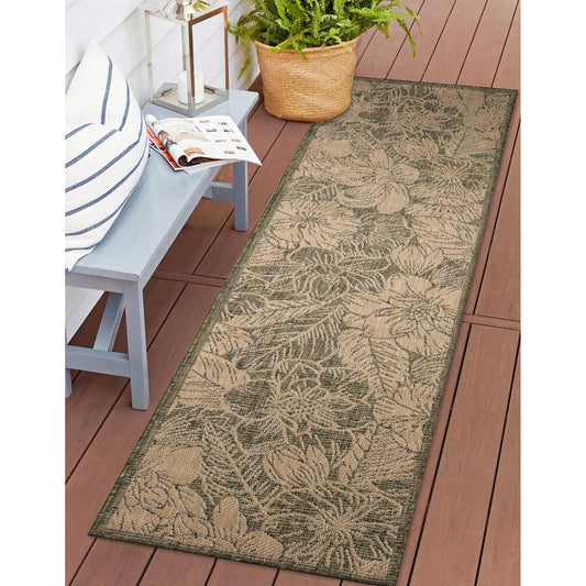 Liora Manne Carmel Indoor/Outdoor Power Loomed Synthetic Blend Low Profile Area Rug - Transitional Botanical Floral Decorative (Botanical Green) (1'11" x 7'6")