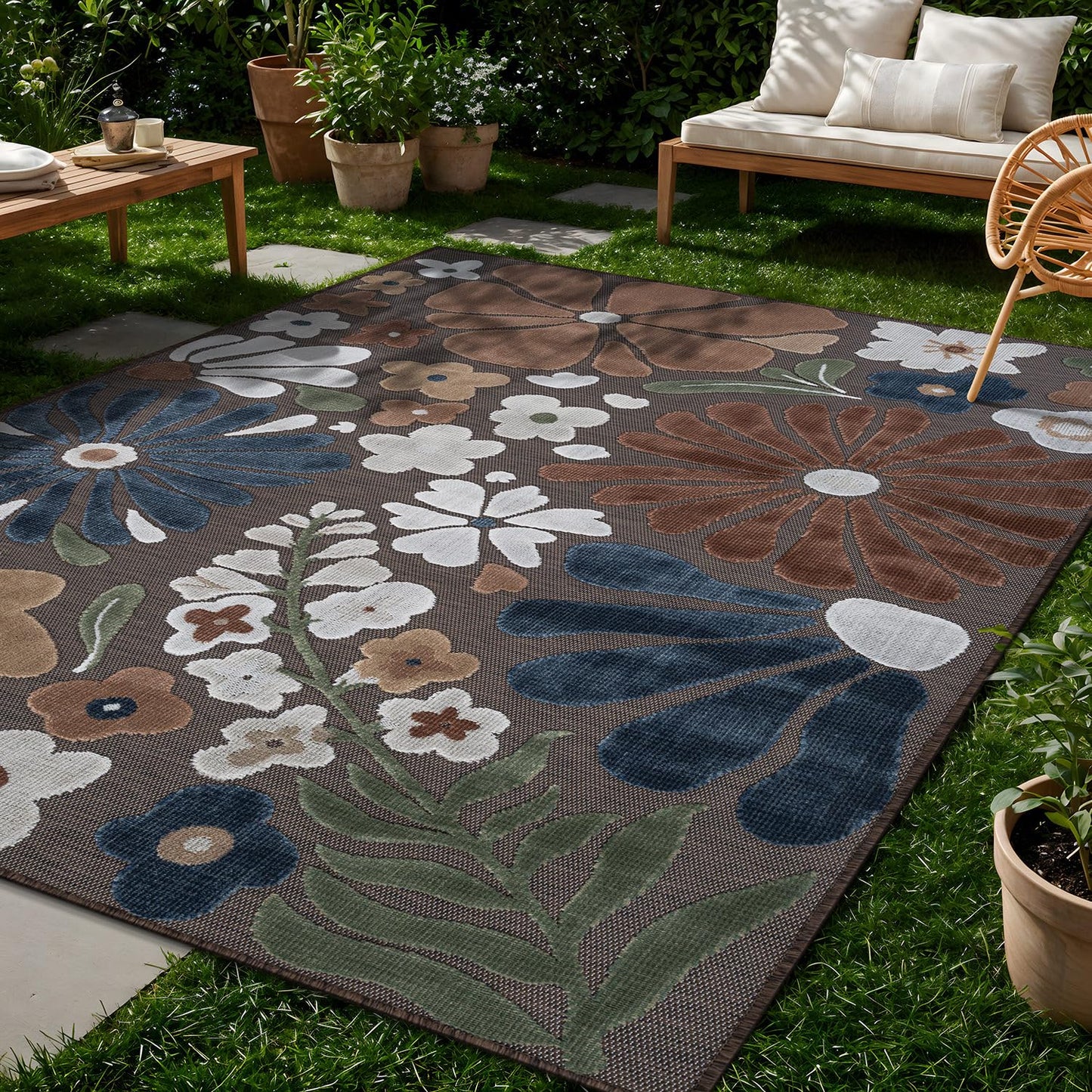 Beverly Rug Outdoor Rug 9x12 Large Modern Floral Tropical Area Rugs for Outdoor and Indoor Patio Easy to Clean Non Shedding Living Room Porch Garden Washable Outside Carpet (9 x 12 Brown)