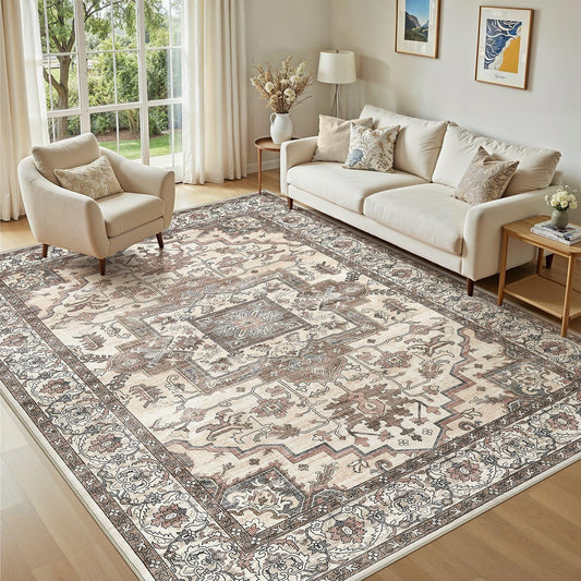 Jessibou 5x7 Area Rugs Living Room: Washable Vintage Rug Large Non-Slip Stain Resistant Ultra Soft Low Pile Pet Kids Friendly Carpets for Bedroom Dining Room Nursery Home Office Decor - Brown
